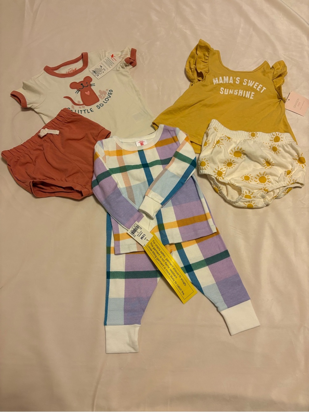 Cat & Jack Pastel Plaid Footed Pajamas & Yellow Ruffle Top Set